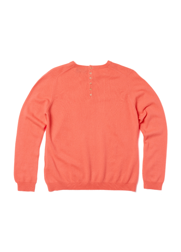 Denner women's cashmere Button Back Crew Neck in Neon Coral