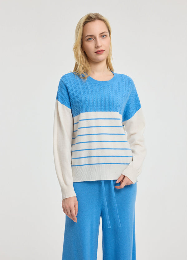 Denner women's cashmere Cable-Yoke Striped Jumper in Cornflower Blue