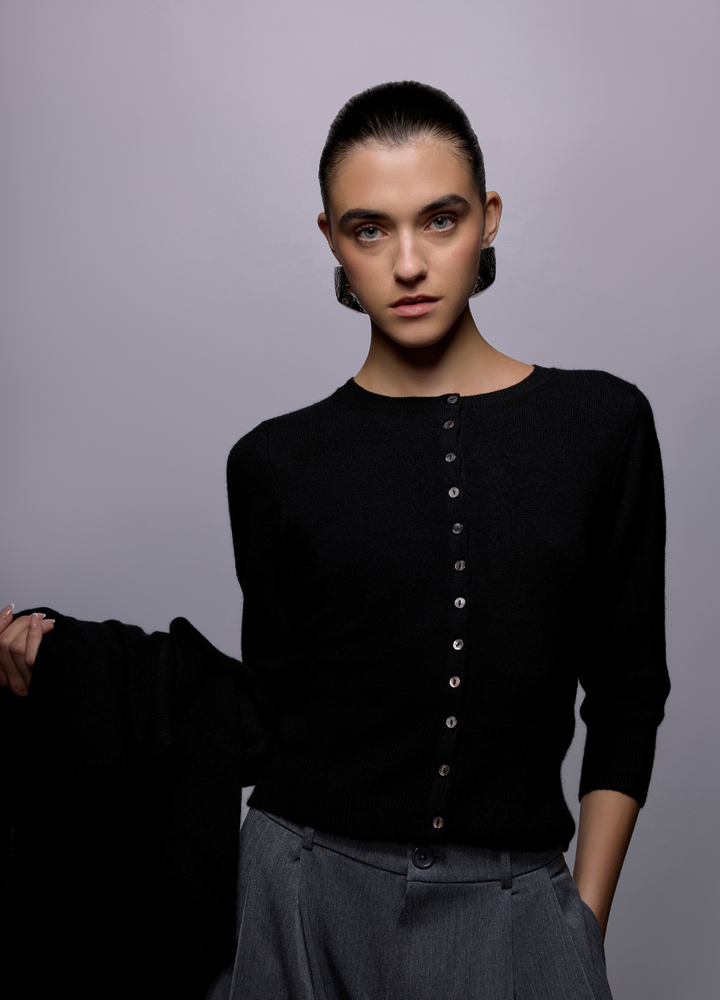 Denner cashmere Travelwrap and cropped cardigan, styled together