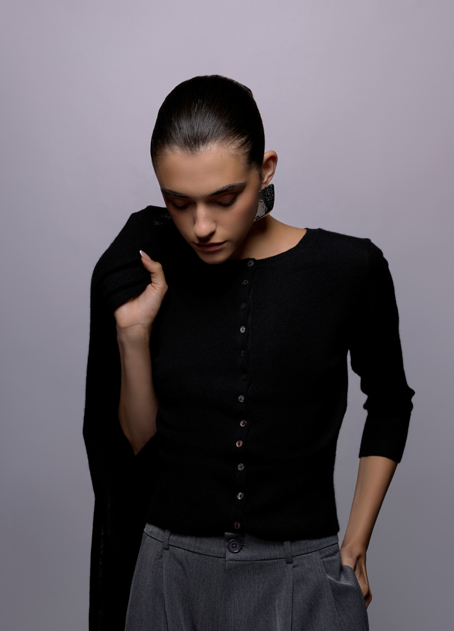 Denner cashmere Travelwrap and cropped cardigan, styled together, view 2