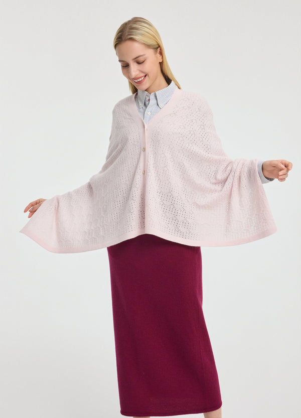 Denner women's cashmere Amelia Openwork Poncho in Blush Pink