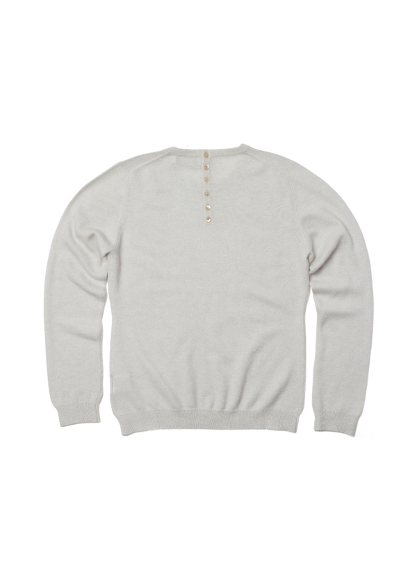 Denner women's cashmere Button Back Crew Neck in Haze