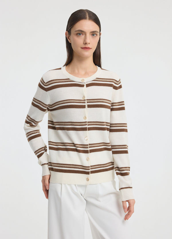 Denner women's cashmere Barnes Stripe Cardigan in Organic White