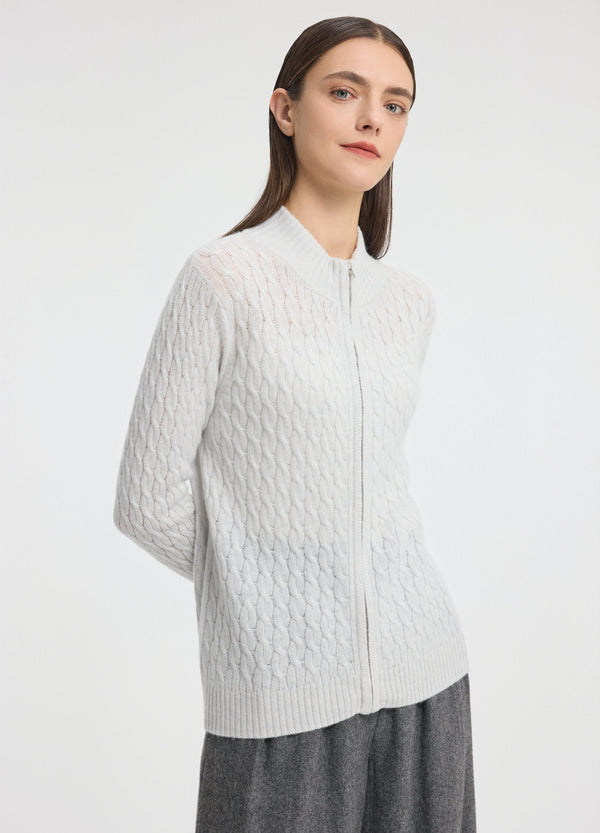 Denner women's cashmere Cable Zip Cardigan in Haze