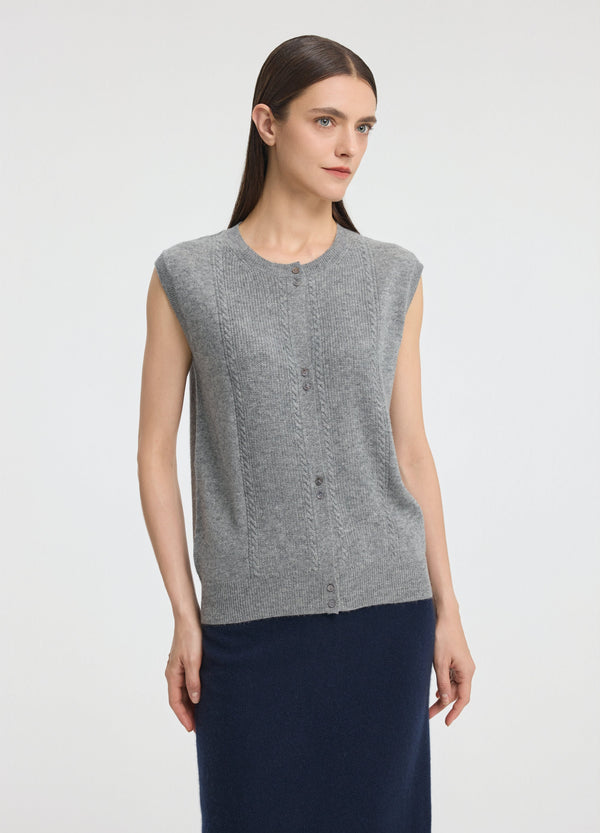 Denner women's cashmere Cable Detail-Button Gilet in Mid Grey