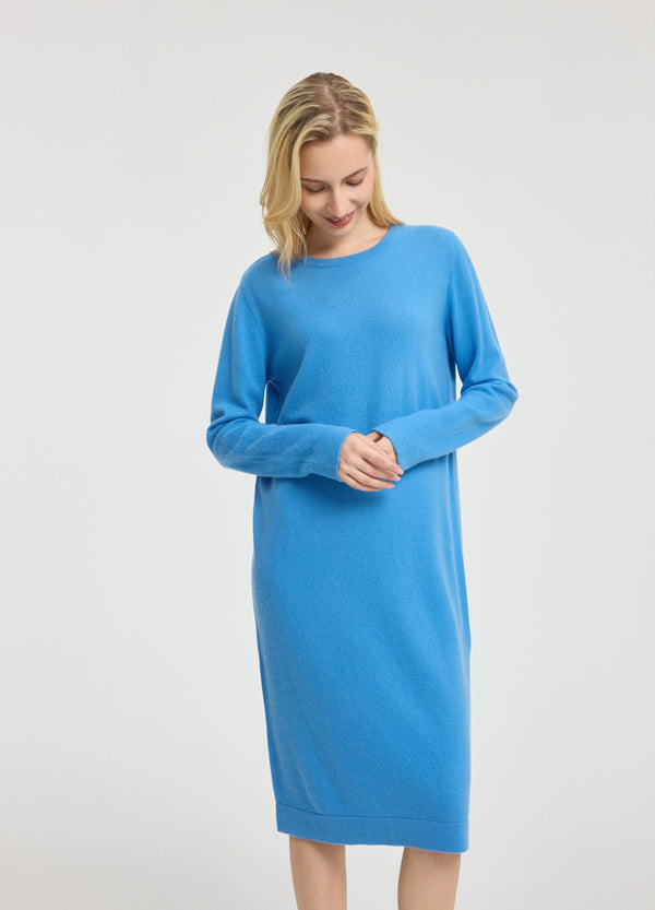 Denner women's cashmere Crew Neck Dress in Cornflower Blue