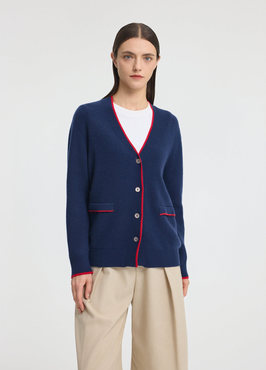 Cashmere Contrast-Rib Cardigan