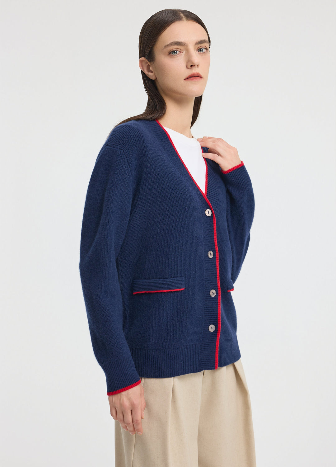 Cashmere Contrast-Rib Cardigan