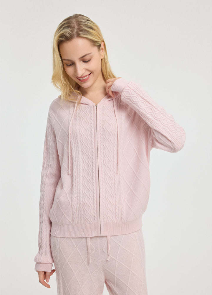 Cashmere Diamond-Cable Hooded Cardigan