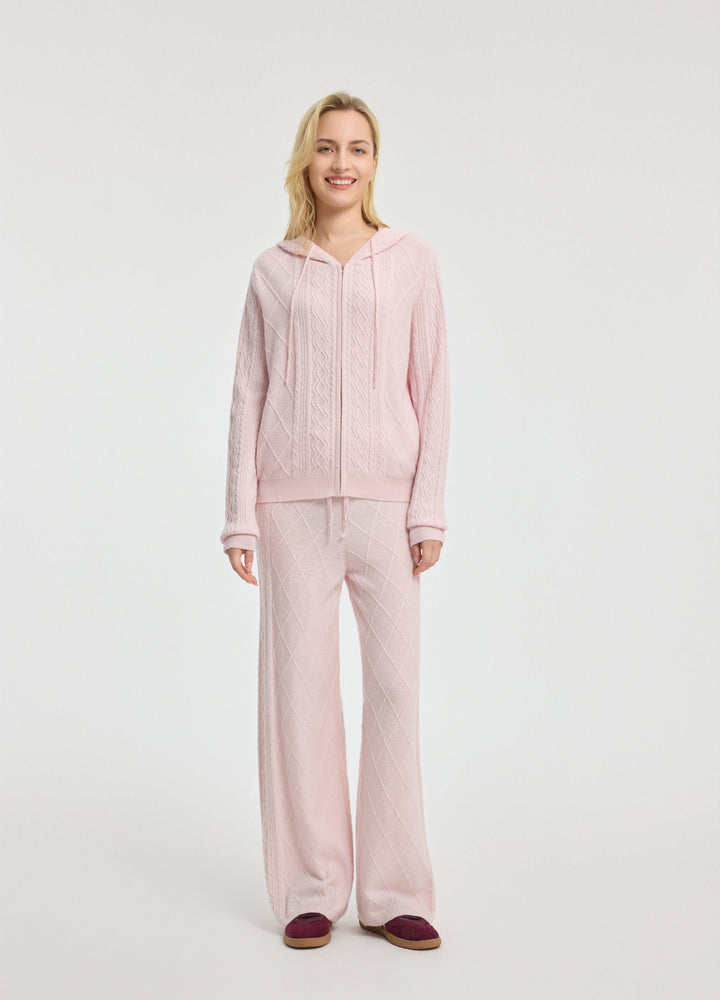 Cashmere Diamond-Cable Hooded Cardigan