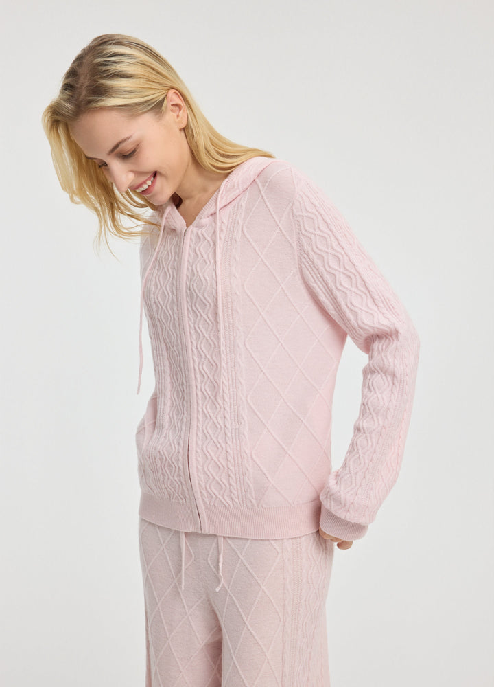 Cashmere Diamond-Cable Hooded Cardigan