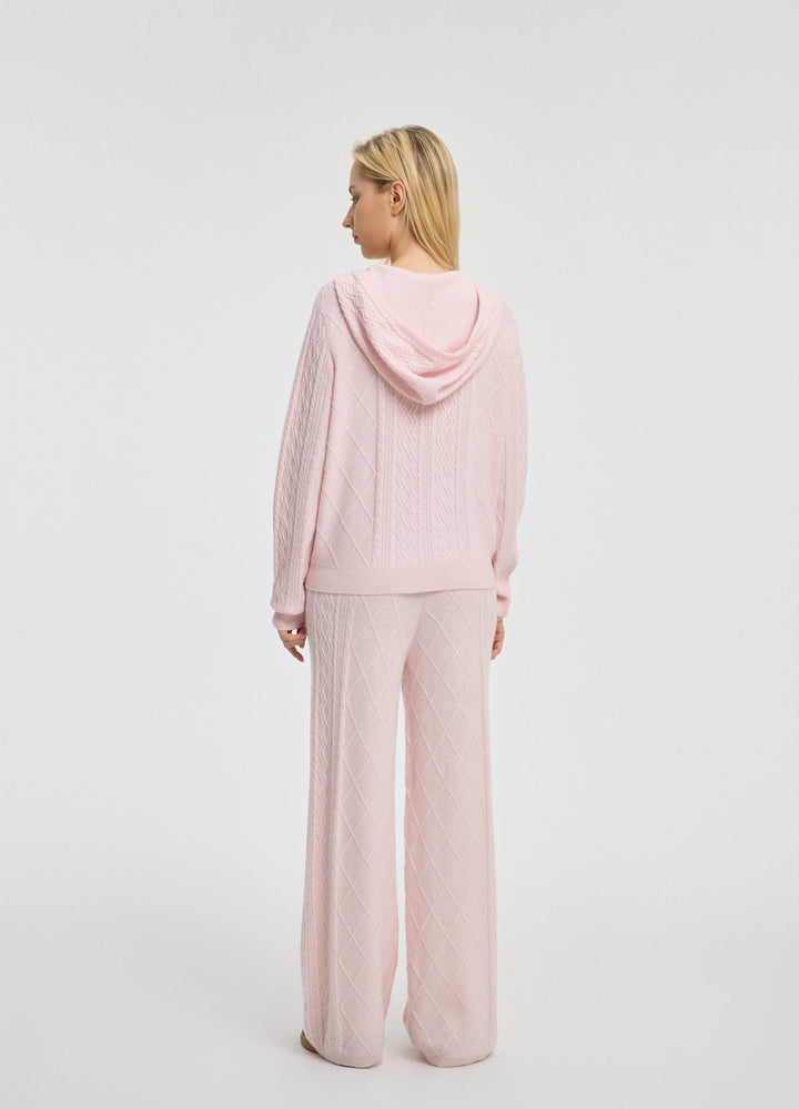 Cashmere Diamond-Cable Hooded Cardigan