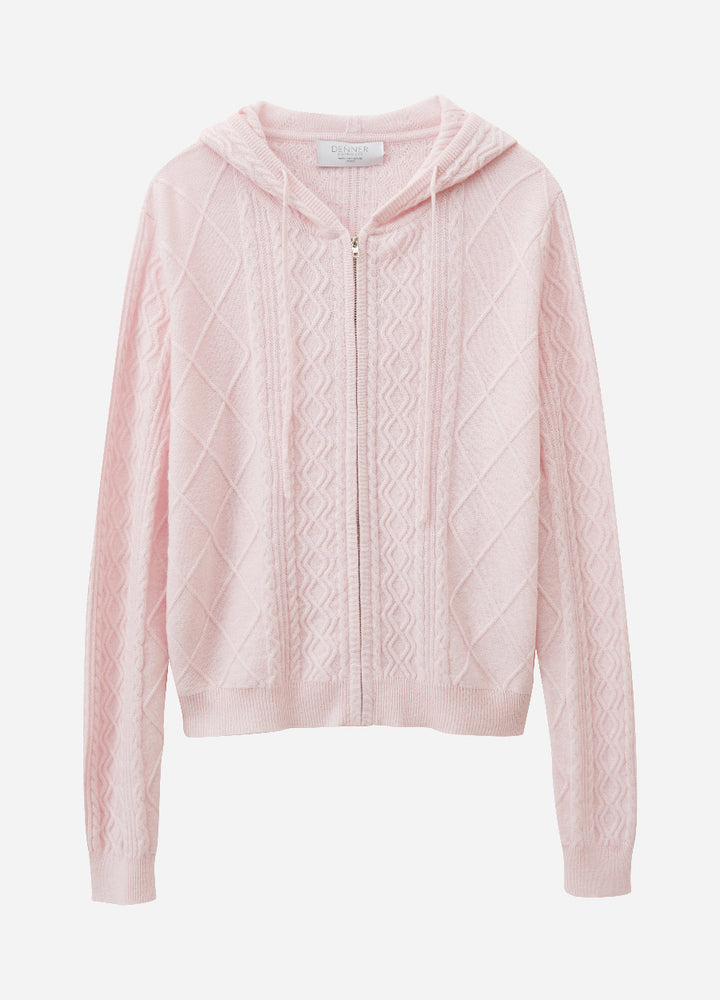 Cashmere Diamond-Cable Hooded Cardigan