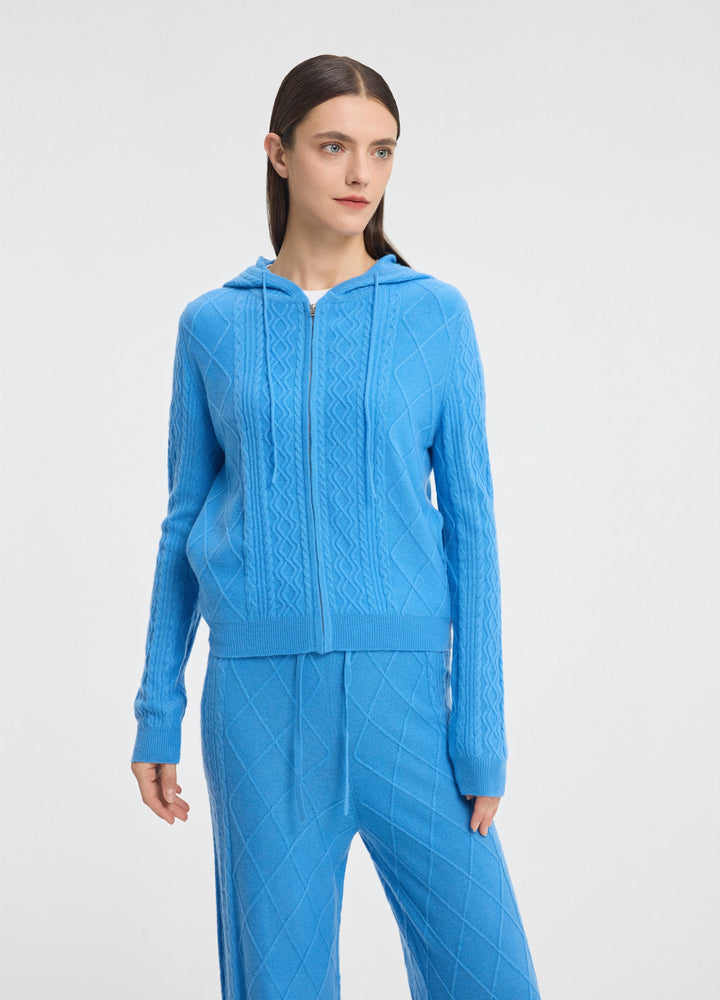 Cashmere Diamond-Cable Hooded Cardigan