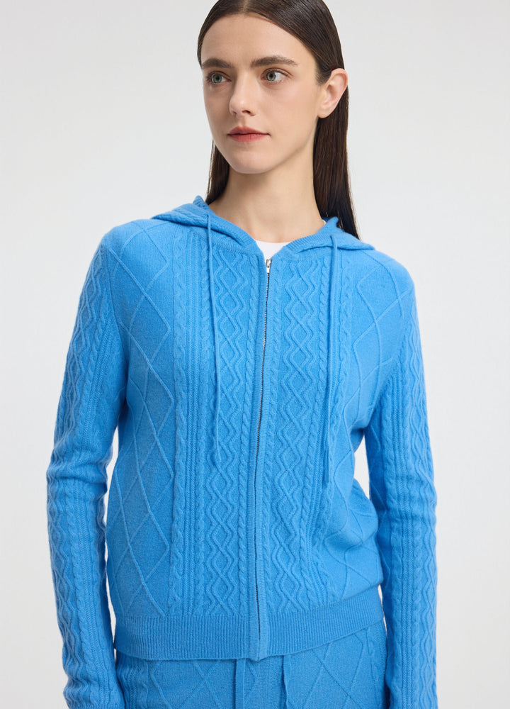 Cashmere Diamond-Cable Hooded Cardigan