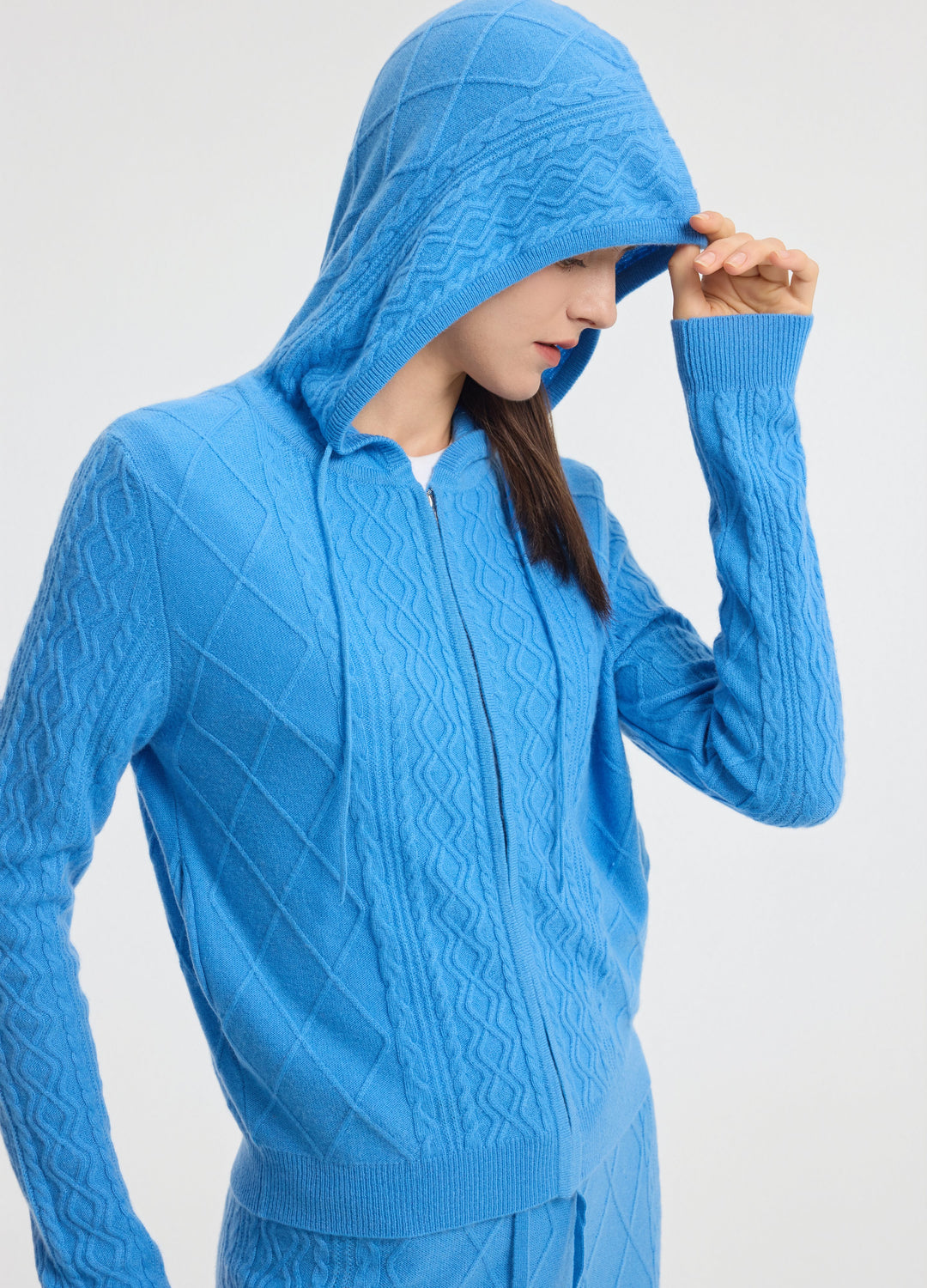 Cashmere Diamond-Cable Hooded Cardigan