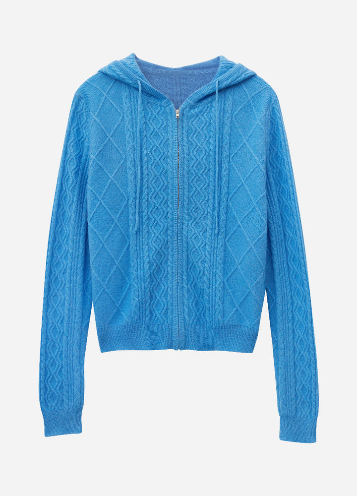 Cashmere Diamond-Cable Hooded Cardigan