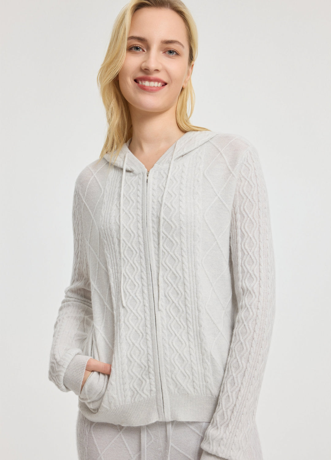 Cashmere Diamond-Cable Hooded Cardigan
