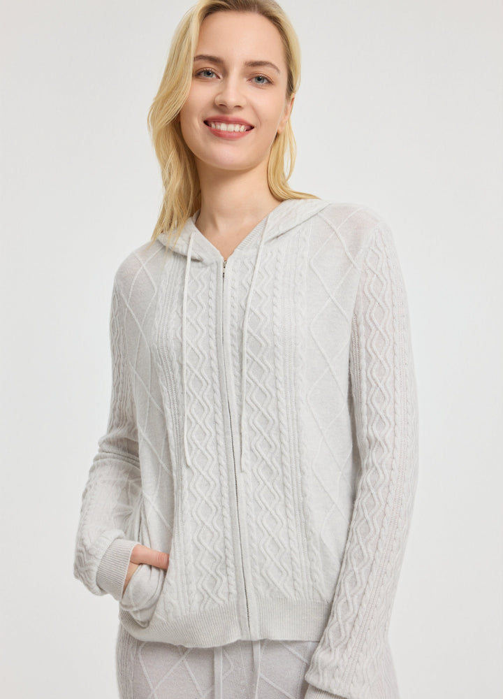 Cashmere Diamond-Cable Hooded Cardigan