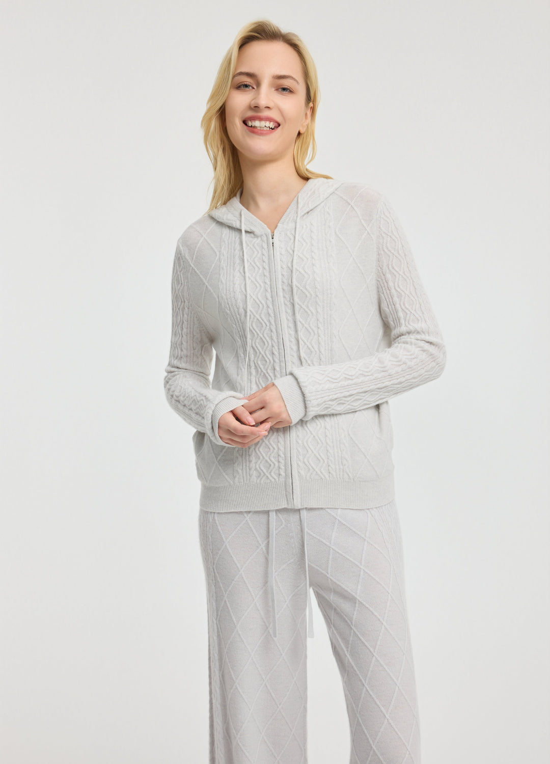 Cashmere Diamond-Cable Hooded Cardigan