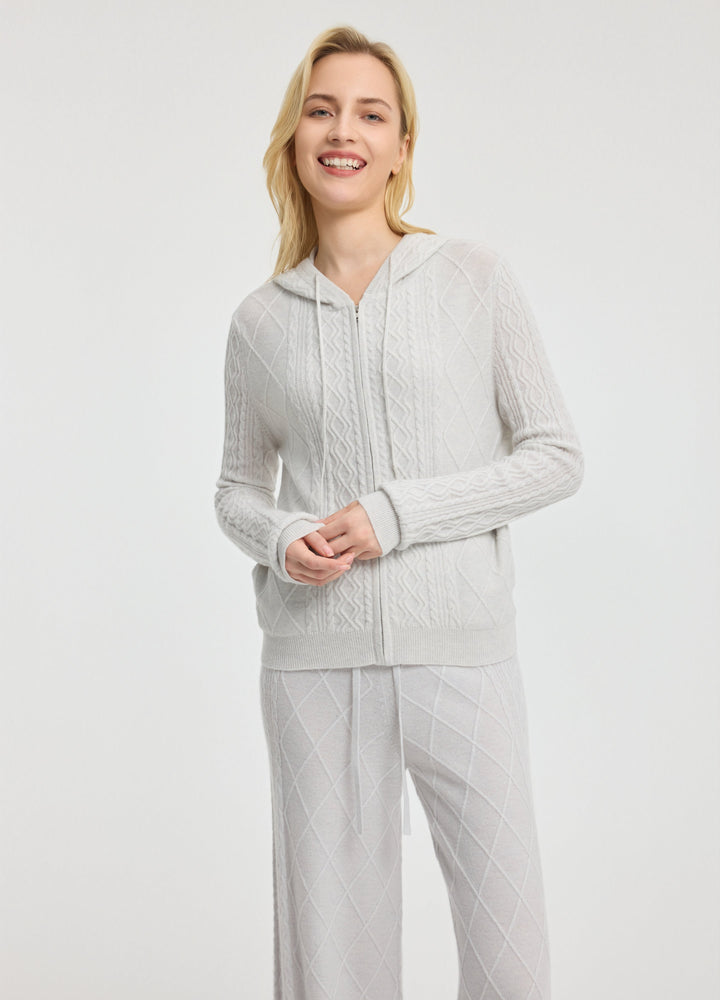 Cashmere Diamond-Cable Hooded Cardigan