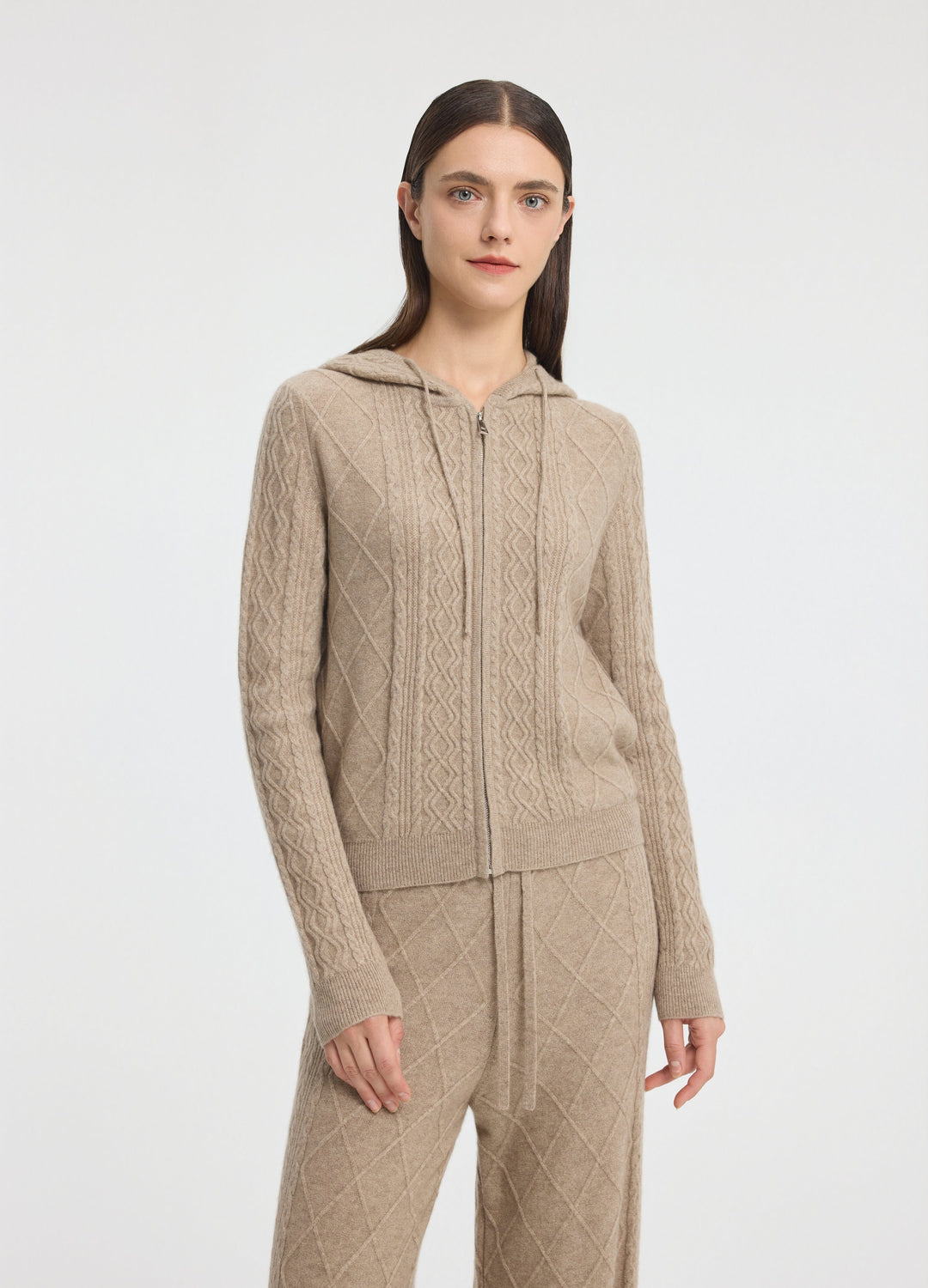Cashmere Diamond-Cable Hooded Cardigan