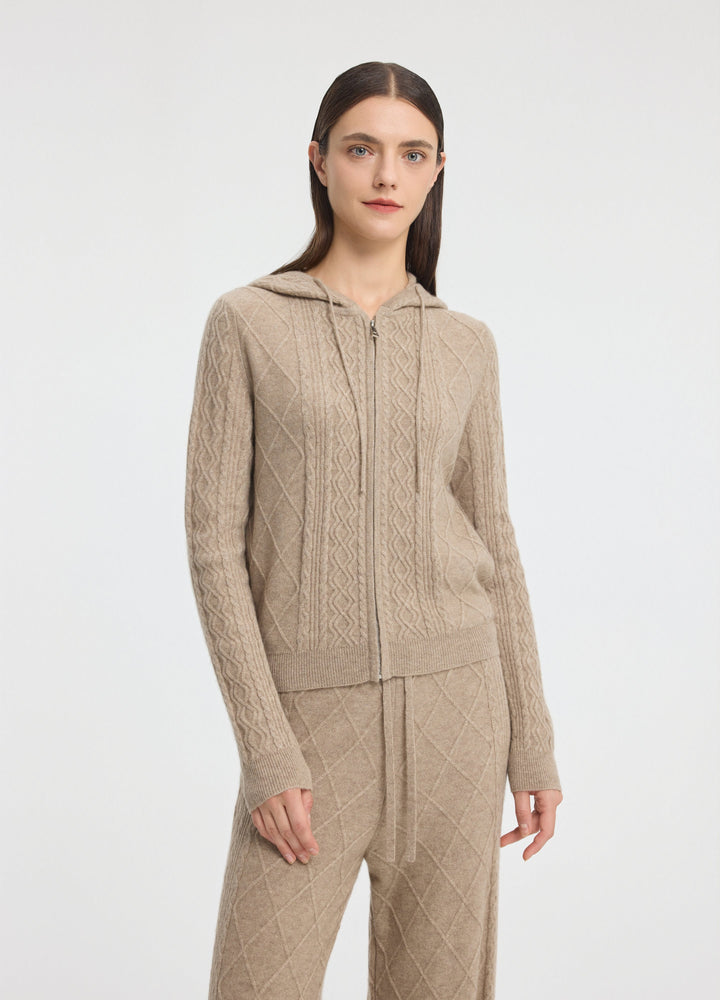 Cashmere Diamond-Cable Hooded Cardigan