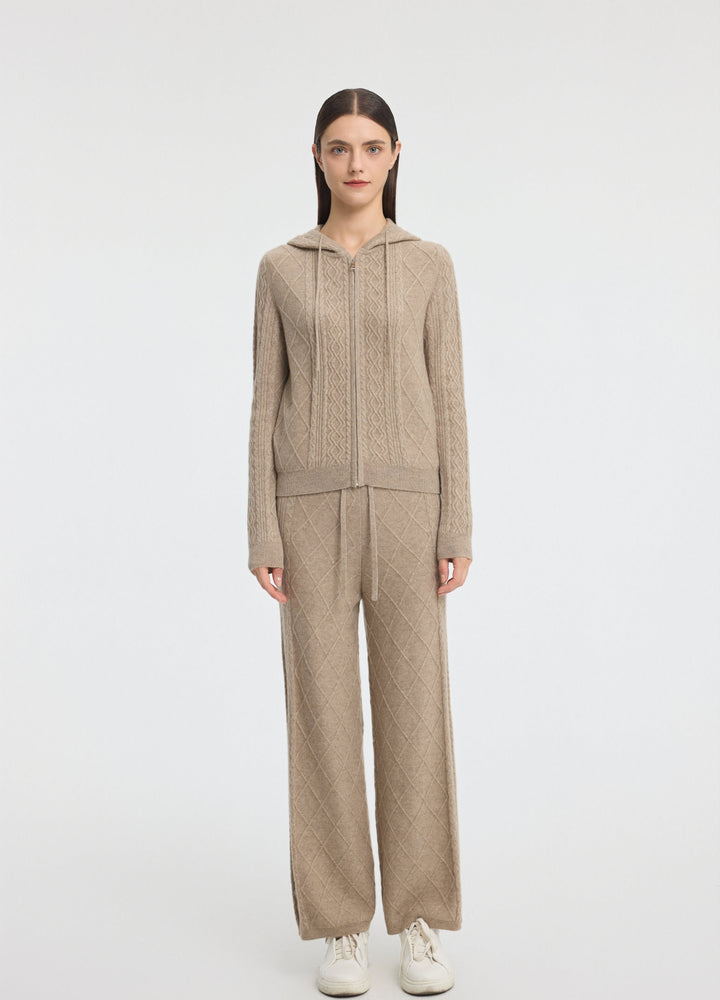 Cashmere Diamond-Cable Hooded Cardigan