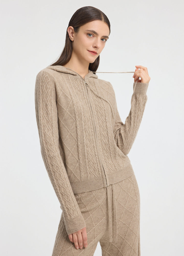 Cashmere Diamond-Cable Hooded Cardigan