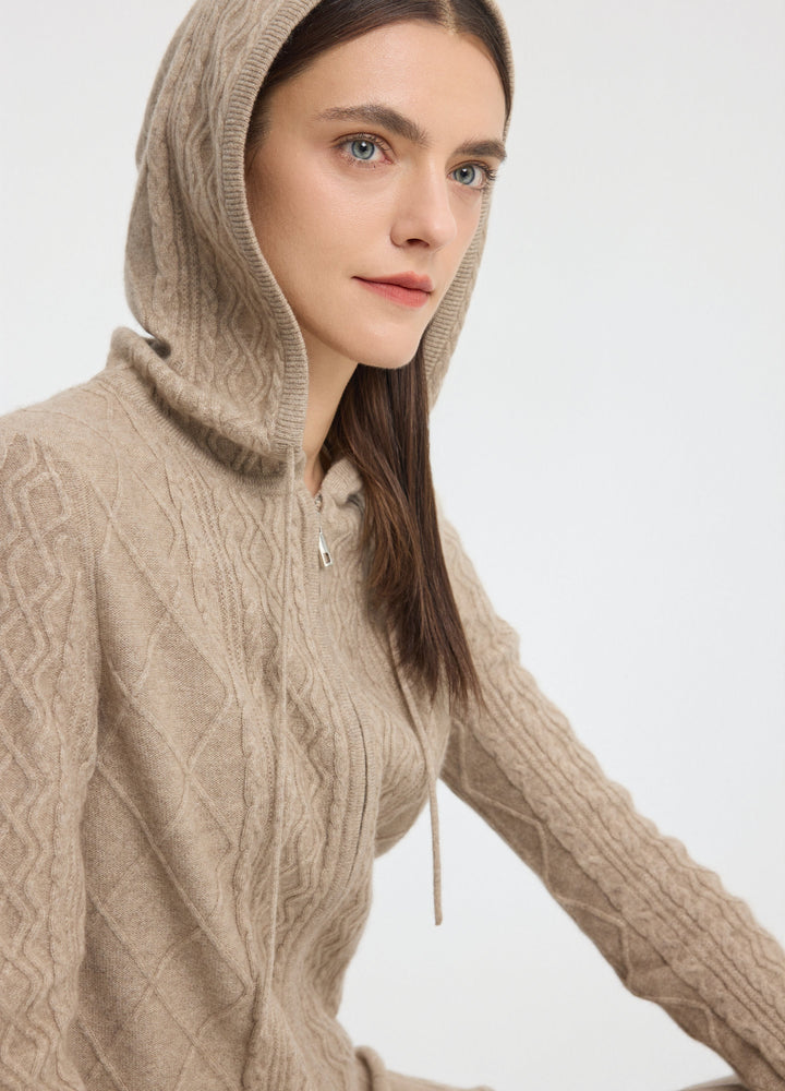 Cashmere Diamond-Cable Hooded Cardigan