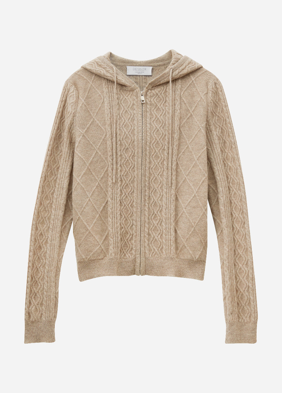 Cashmere Diamond-Cable Hooded Cardigan