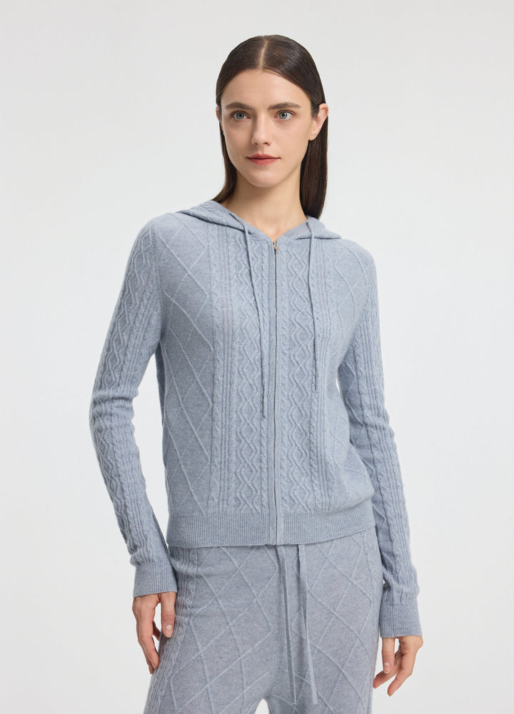 Cashmere Diamond-Cable Hooded Cardigan