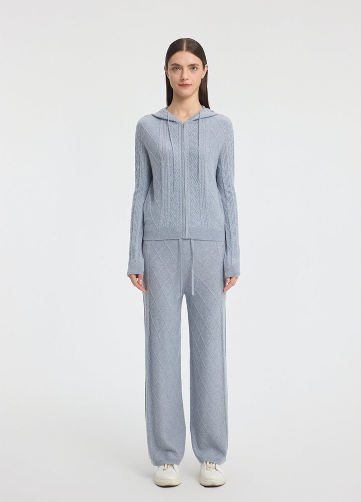 Cashmere Diamond-Cable Hooded Cardigan