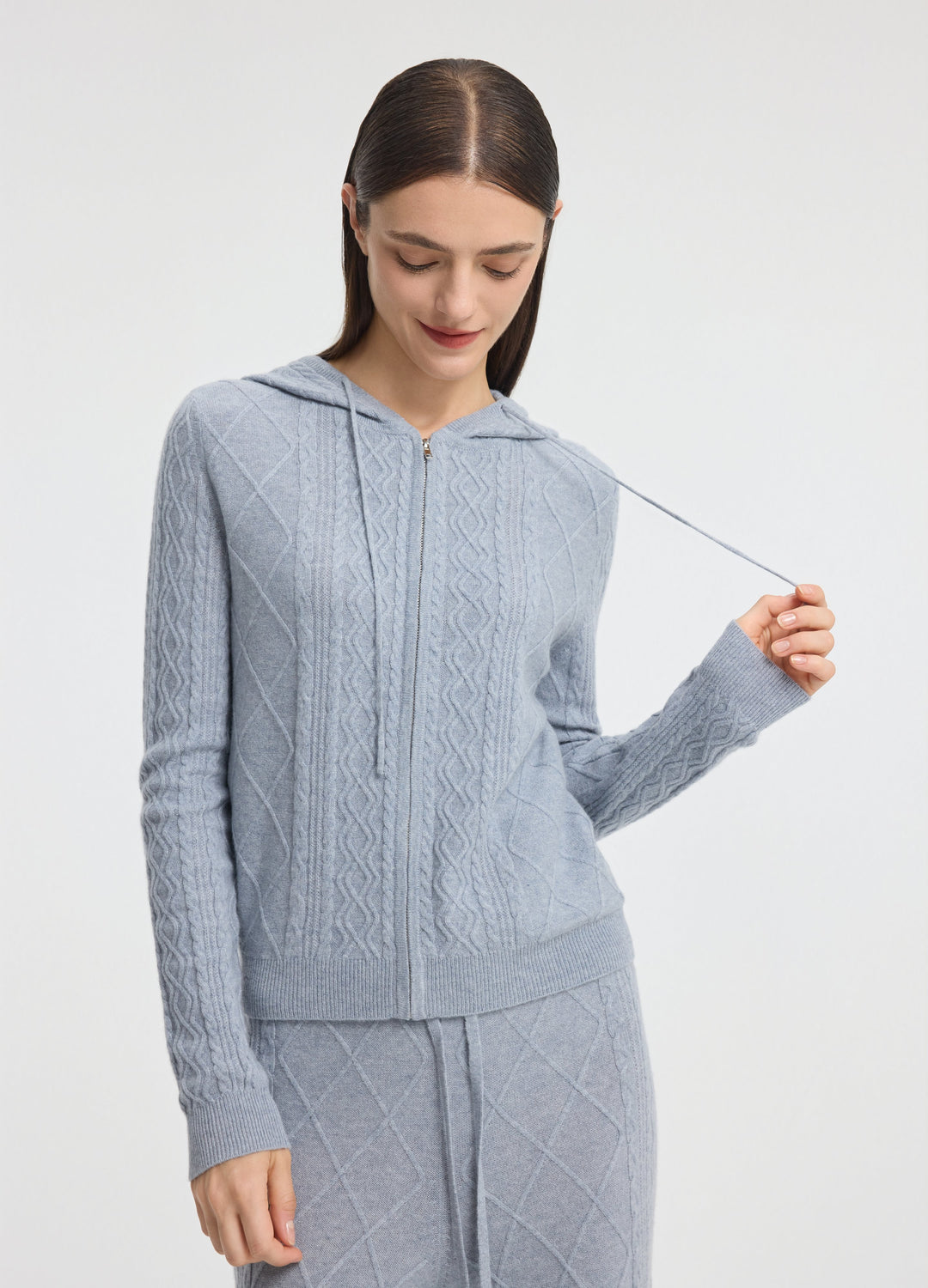 Cashmere Diamond-Cable Hooded Cardigan