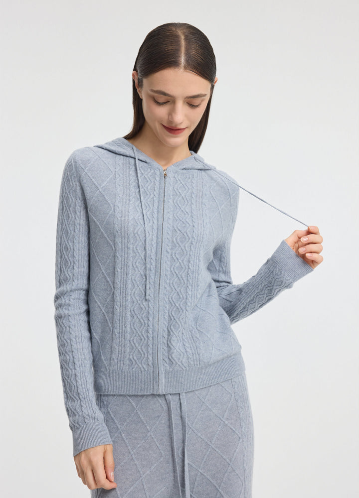 Cashmere Diamond-Cable Hooded Cardigan