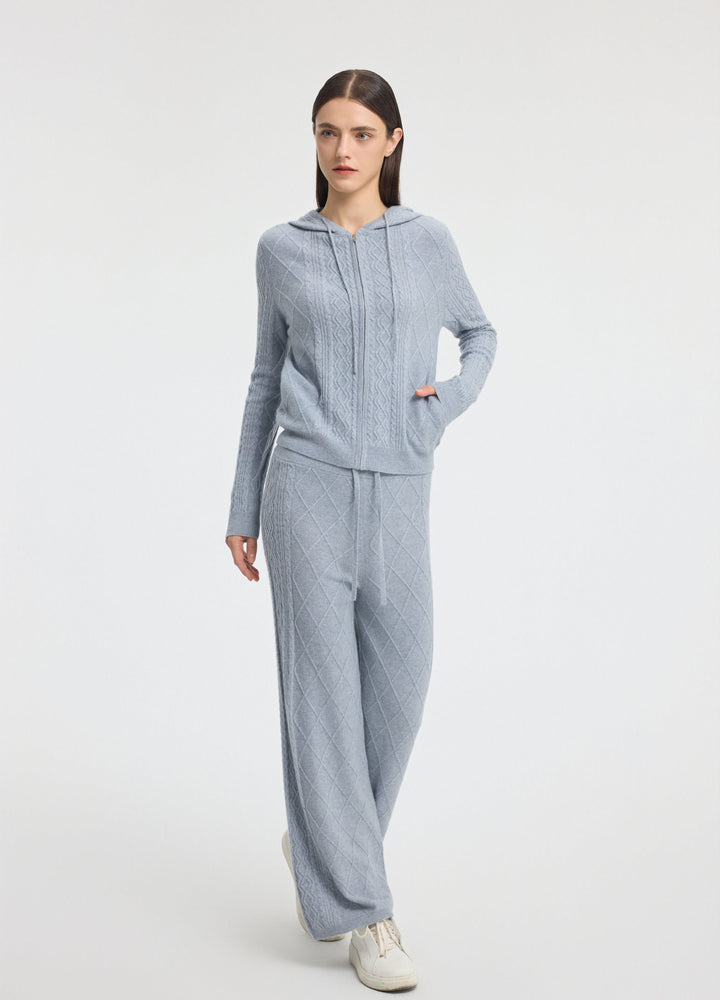 Cashmere Diamond-Cable Hooded Cardigan