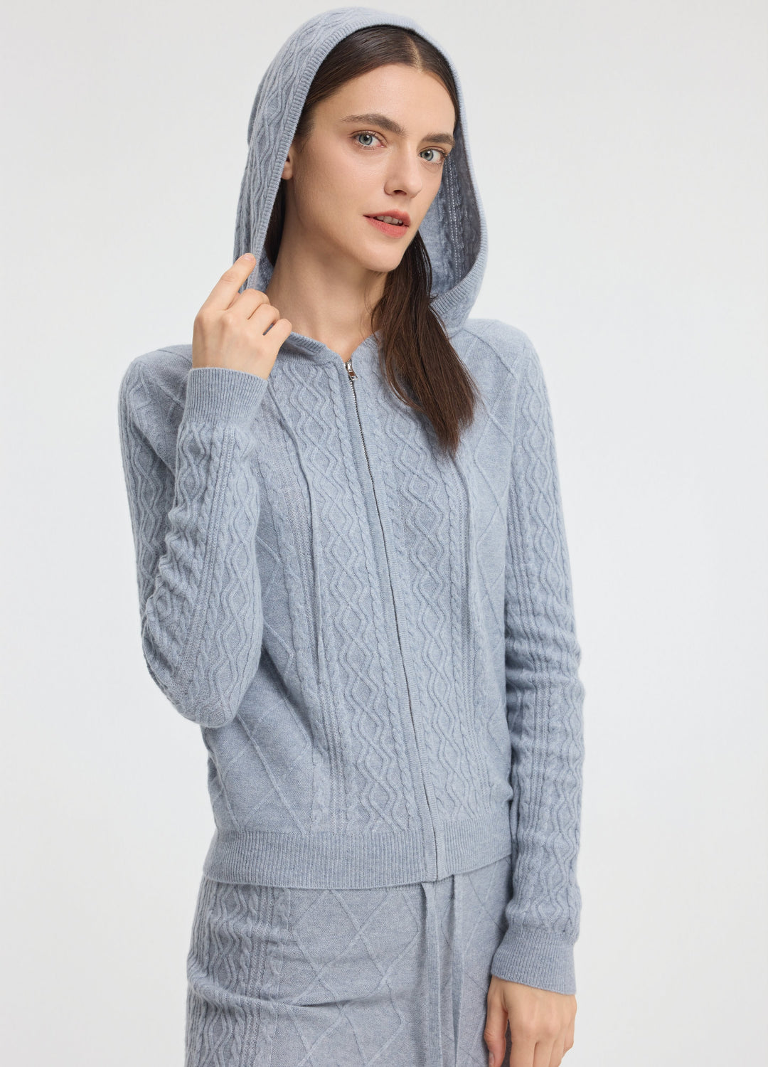 Cashmere Diamond-Cable Hooded Cardigan