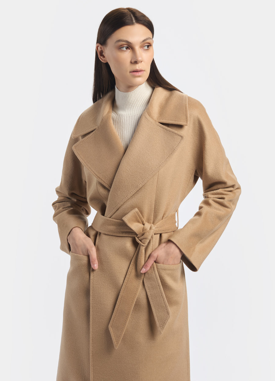 Denner women's cashmere Oversized Belted Coat in Camel, view 2