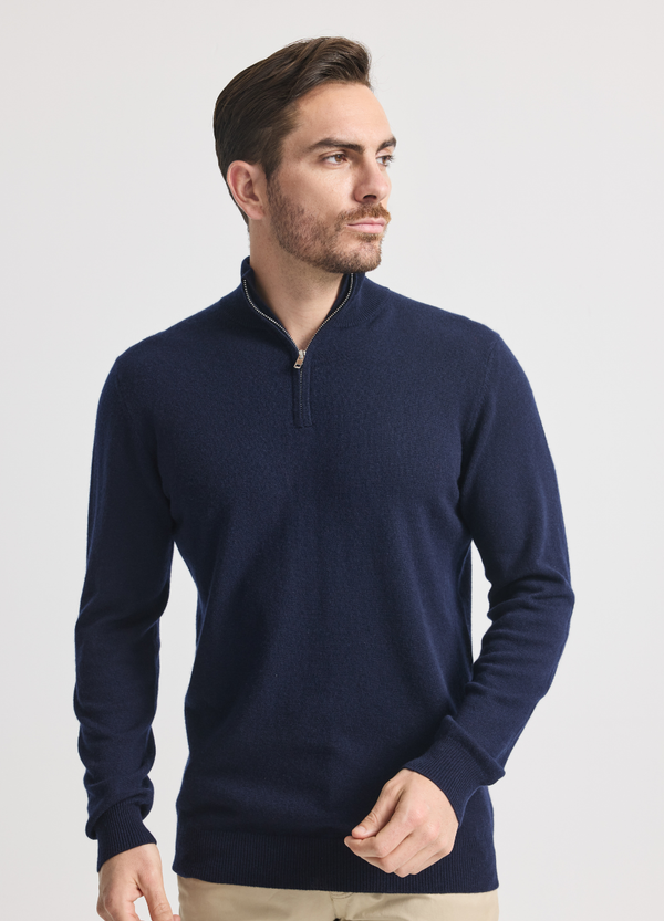 Denner men's merino and cashmere blend Kensington Summer Quarter Zip in Peacoat