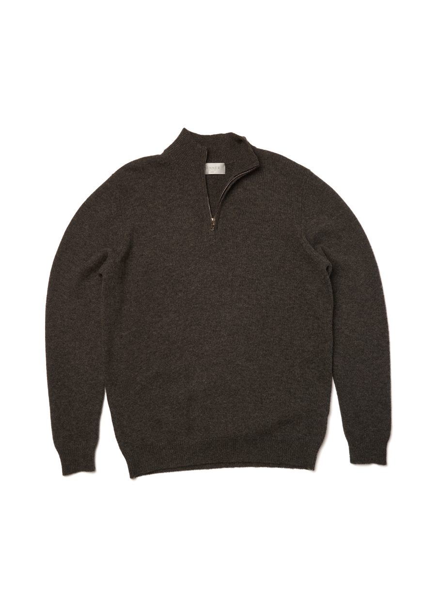 Denner men's merino and cashmere blend Kensington Quarter Zip in Stone Grey, view 2