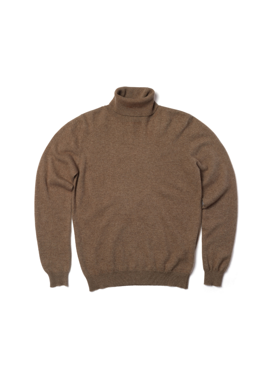 Denner women's roll neck cashmere jumper in Natural Brown, flat lay
