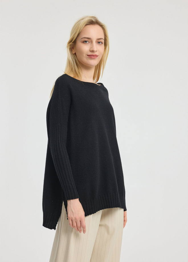 Cashmere Ribbed-Cuff Boat Neck