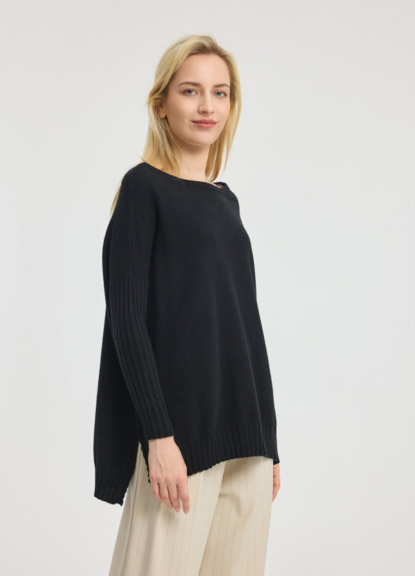 Denner women's cashmere Ribbed-Cuff Boat Neck in Black