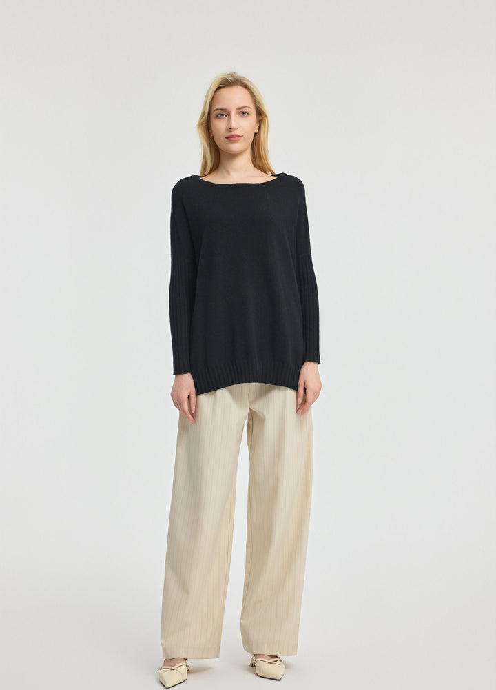 Cashmere Ribbed-Cuff Boat Neck