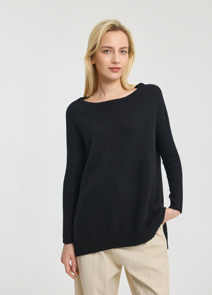Cashmere Ribbed-Cuff Boat Neck