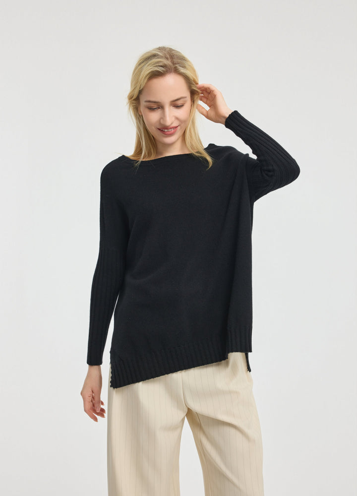Cashmere Ribbed-Cuff Boat Neck