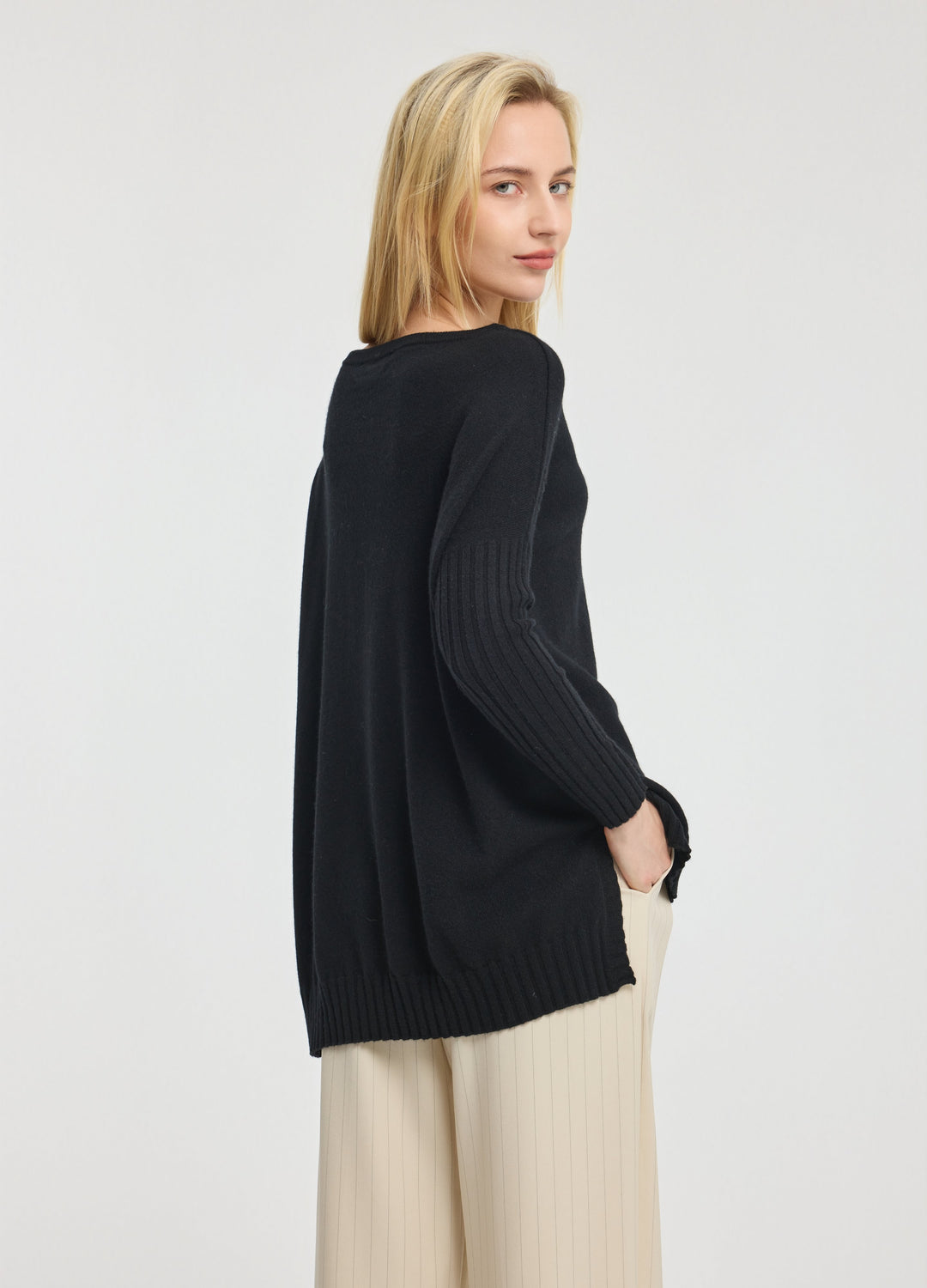 Cashmere Ribbed-Cuff Boat Neck