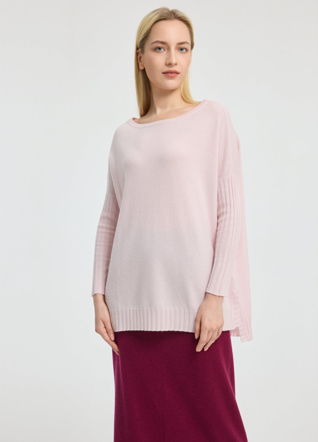 Cashmere Ribbed-Cuff Boat Neck