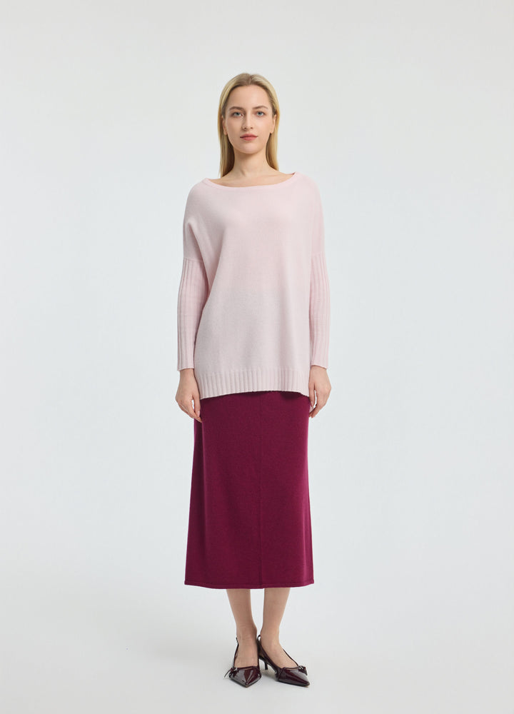 Cashmere Ribbed-Cuff Boat Neck