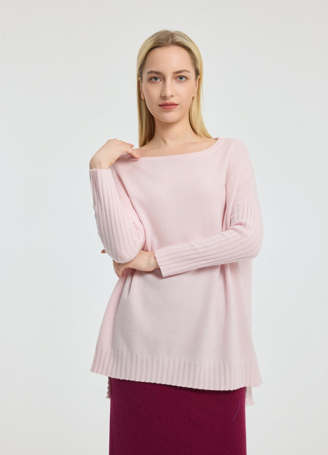 Cashmere Ribbed-Cuff Boat Neck